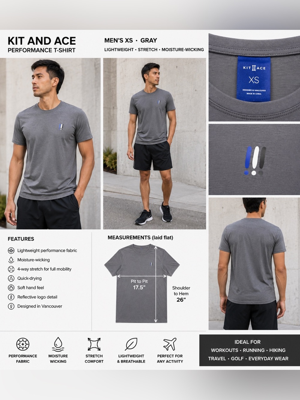 Kit and Ace Gray Performance Crew Neck T-Shirt XS Short Sleeve Stretch Technical